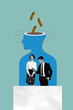 © deagreez - Trend artwork collage of personality mental illness antidepressants therapy silhouette half mind hold coins businesspeople man lady stand
