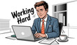 © Md - Cartoon professional working at desk with laptop, productivity illustration, office scene, business character design, focused workspace art, motivational work theme