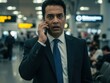 © Sergey - A man in a dark suit and blue tie looks shocked or concerned while on a phone call in a busy, blurred indoor public space, likely an airport.