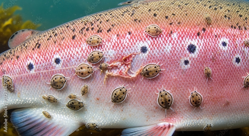 Close up of a rainbow trout covered in sea lice parasites underwater.