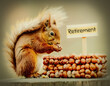 © mailcaroline - A squirrel sits beside a pile of nuts, with a Retirement sign in the background, humorously depicting saving for the future. Banking, social security, and investment design element.