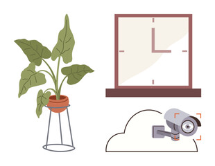 Wall Mural - Large leafy potted plant, wall clock on a window frame, and cloud-connected surveillance camera. Ideal for technology, security, smart devices, home decor, greenery, time management automation