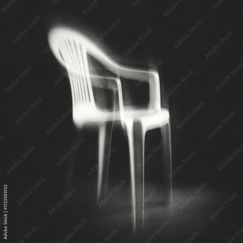 A blurred, monochrome image depicts two white plastic chairs, seemingly superimposed, in a dark room, suggesting motion or a ghostly effect