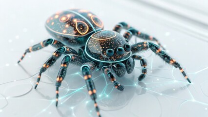 A futuristic, vibrant spider with glowing patterns, set against a sleek background, showcases intricate details and a blend of technology and nature.