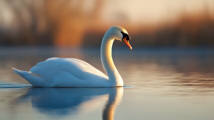 Wall Mural - Elegant swan gliding on serene water at sunset, reflecting golden hues in a tranquil natural setting