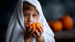 © Kateryna - Halloween child white ghost costume orange pumpkin studio photography children Halloween portraits simple costume ideas blurred background with copy space