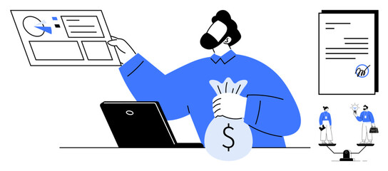 Wall Mural - Man holding money bag, analyzing data chart, working on laptop. Includes agreement document, decision scales. Ideal for finance, investment, data analysis, business growth contract negotiation