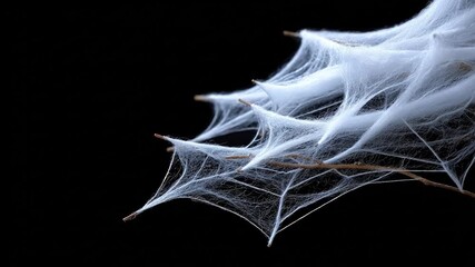 White spiderweb stretched across tree branches against a stark black background
