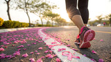 running on the road, A close-up of a runner's foot stepping onto a vibrant path decorated with pink petals in a sunny outdoor setting. Breast Cancer, Breast Cancer Awareness