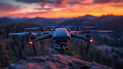 Wall Mural - Aerial view of a mountain landscape with a small drone flying overhead, set against a vibrant orange and pink sunset