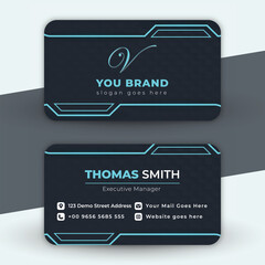 Modern futuristic business card design with neon blue accents and qr code for contact information