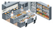 © Kumara - Isometric view of a large commercial kitchen with chefs preparing food.