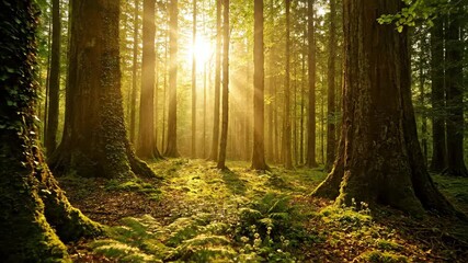 Wall Mural - Beautiful time lapse of golden sunbeams slowly shifting through a dense, ancient forest canopy, highlighting natural light and ecology slowly shifting, inspiring, conservation