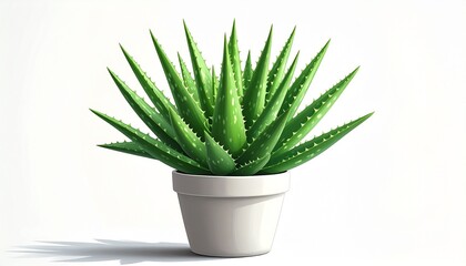 A potted aloe vera plant with thick pointed leaves realistic organic texture white background with subtle shadows
