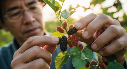 Wall Mural - Medium shot of a farmer examining mulberries on a branch assessing color and texture to determine the best harvest time under soft natural light.