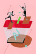 © deagreez - Banner 3d image pop vertical collage of happy girl guy stand phone device artificial intelligence app projection futuristic intellect