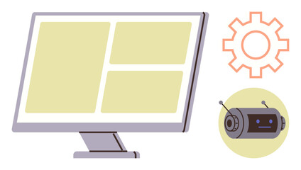 Desktop monitor presenting a simple interface, orange gear icon, and robotic chatbot. Ideal for automation, AI design, digital tools, workflow efficiency, future tech, software development simple