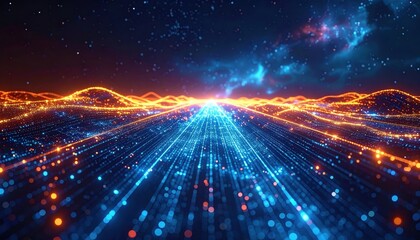 Wall Mural - A shiny blue light burst illuminates a virtual fractal realm in the night sky
