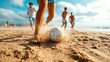 © Yevheniiya - A group of friends enjoys a fun game of beach football on a sunny day, kicking the ball with a sandy background.