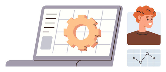 Laptop displaying a gear on a grid interface, profile image icon, and line chart. Ideal for teamwork, digital tools, workflow management, user interface, productivity, problem-solving simple flat