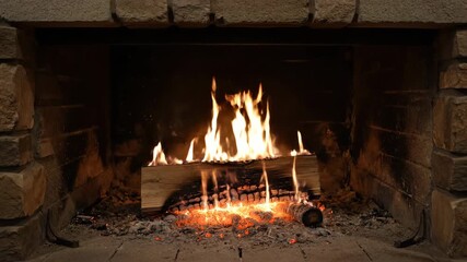 Wall Mural - Timelapse of a log burning brightly in a stone fireplace, consuming wood and emitting dancing flames and smoke architecture, time passing, charcoal