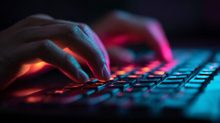 Hands typing on a backlit keyboard with red and blue lighting