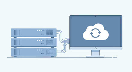 Cloud computing illustration with server and monitor showing cloud icon.