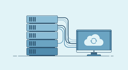 Cloud computing illustration with server and monitor showing cloud icon.
