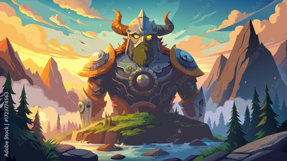 A mountain-sized stone colossus crowned with broken Viking shields awakens at dawn, fjord mist curls around mossy shoulders, and golden sunlight ignites the horizon—majestic Norse fantasy giant, ideal