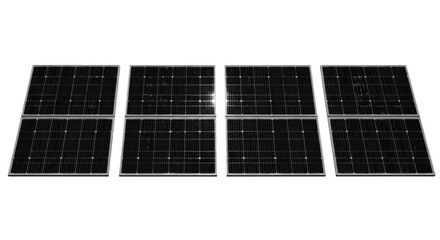 Modern sleek black solar panels arranged in a row for clean energy generation on white. vector