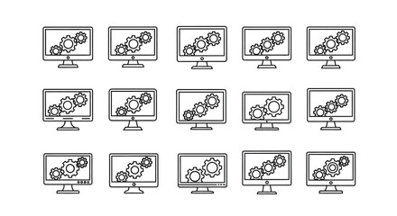 Row of hand drawn computer monitors displaying gears and charts seamless pattern style vector