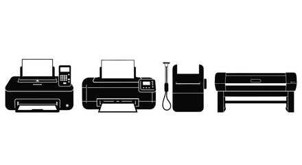 Collection of various inkjet and large format printers rendered in simple graphic style vector