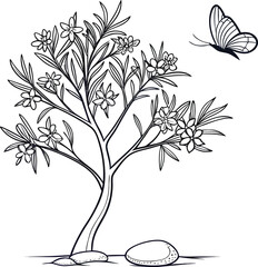 Minimalist line art illustration of an oleander tree with a stone at its base