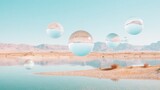 Surreal 3D rendering of floating crystal spheres above desert landscape, experimental artistic abstract concept in high-resolution visual design