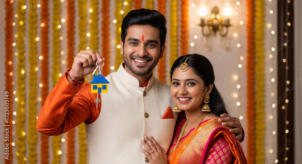 Smiling Indian couple celebrate owning their new home during Diwali ...