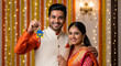 © DAYA-DAKSH - Smiling Indian couple celebrate owning their new home during Diwali festival, holding keys and house ornament, perfect for real estate and cultural events ads