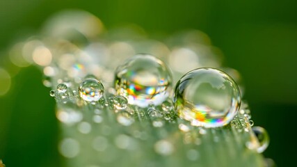 Wall Mural - Extreme macro close-up of morning dew drops refracting light, creating tiny rainbow prisms leaf, glittering, wonder