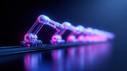 Glowing robotic arms in a row, showcasing futuristic technology and automation.