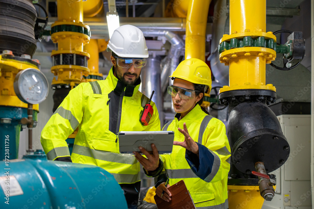 Ingenieros inspeccionan un sistema chiller con laptop
