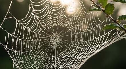 Spiderweb covered in dew drops glistening in the morning sun.