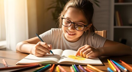Smiling girl with glasses drawing in a notebook, surrounded by colored pencils.