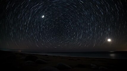 Wall Mural - Astrophotography timelapse showing the stunning rotation of stars and moon over a desolate, dark shoreline ocean, night sky, astronomy