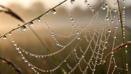 Dew drops clinging to a spiderweb in the early morning light outdoors