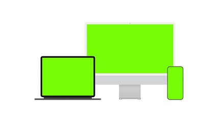 Wall Mural - Animated mockup with gray monitor, tablet with keyboard and smartphone, all with green screens on white background. Clean minimal zoom animation for showcasing apps, websites and digital projects