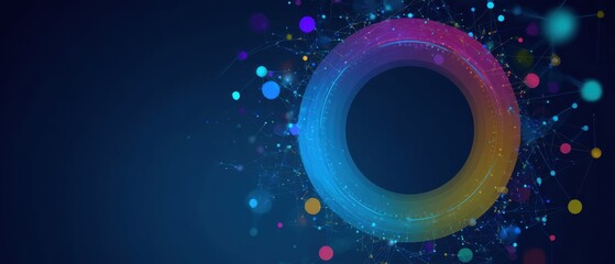 Abstract graphic design with a vibrant circular shape and scattered particles