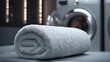 © Oleksandr - Rolled soft towel on laundry table. Freshly laundered and ready for use. Clean and cozy bath linens.