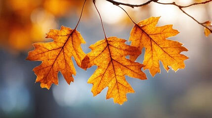 Wall Mural - autumn leaves: three vibrant oak leaves hanging from a branch, bathed in warm light against a bokeh 