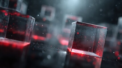 Wall Mural - Sleek Transparent Glass Cubes with Red Background and Light Effects