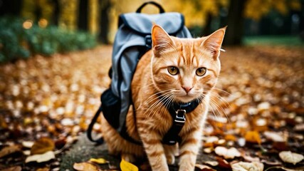 Wall Mural - A curious orange cat wearing a backpack on its back
