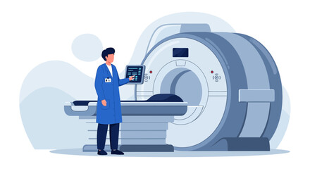 Illustration of a doctor using MRI scanner for diagnostic purposes showing modern healthcare
